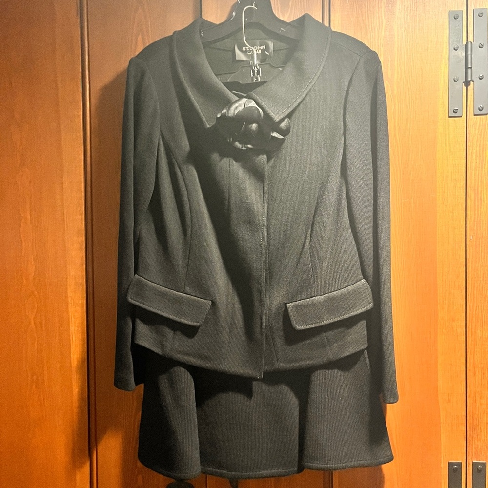 St. John Suit Black Blazer with Decorative Collar and skirt